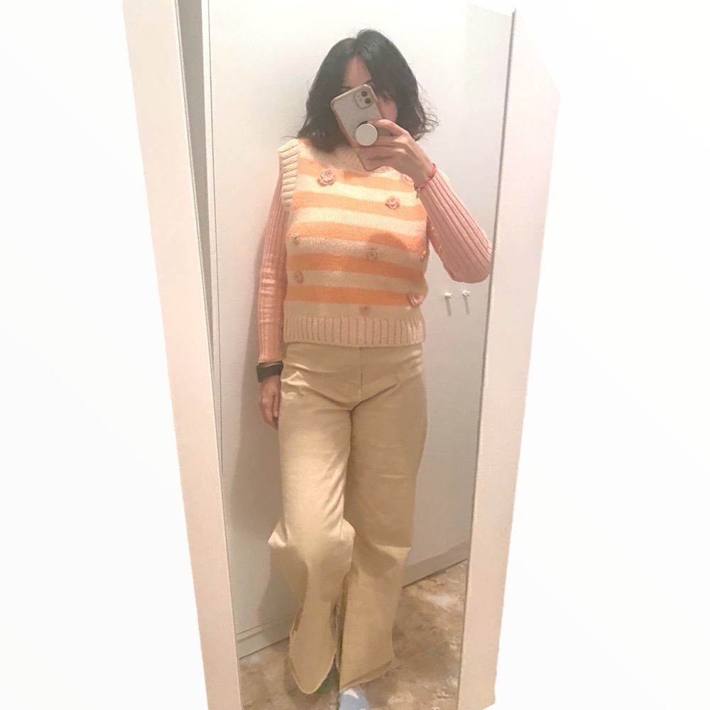 ZARA Orange Cream Striped Floral Knit Vest NWT Size L Textured Sweater Vest - Picture 9 of 9